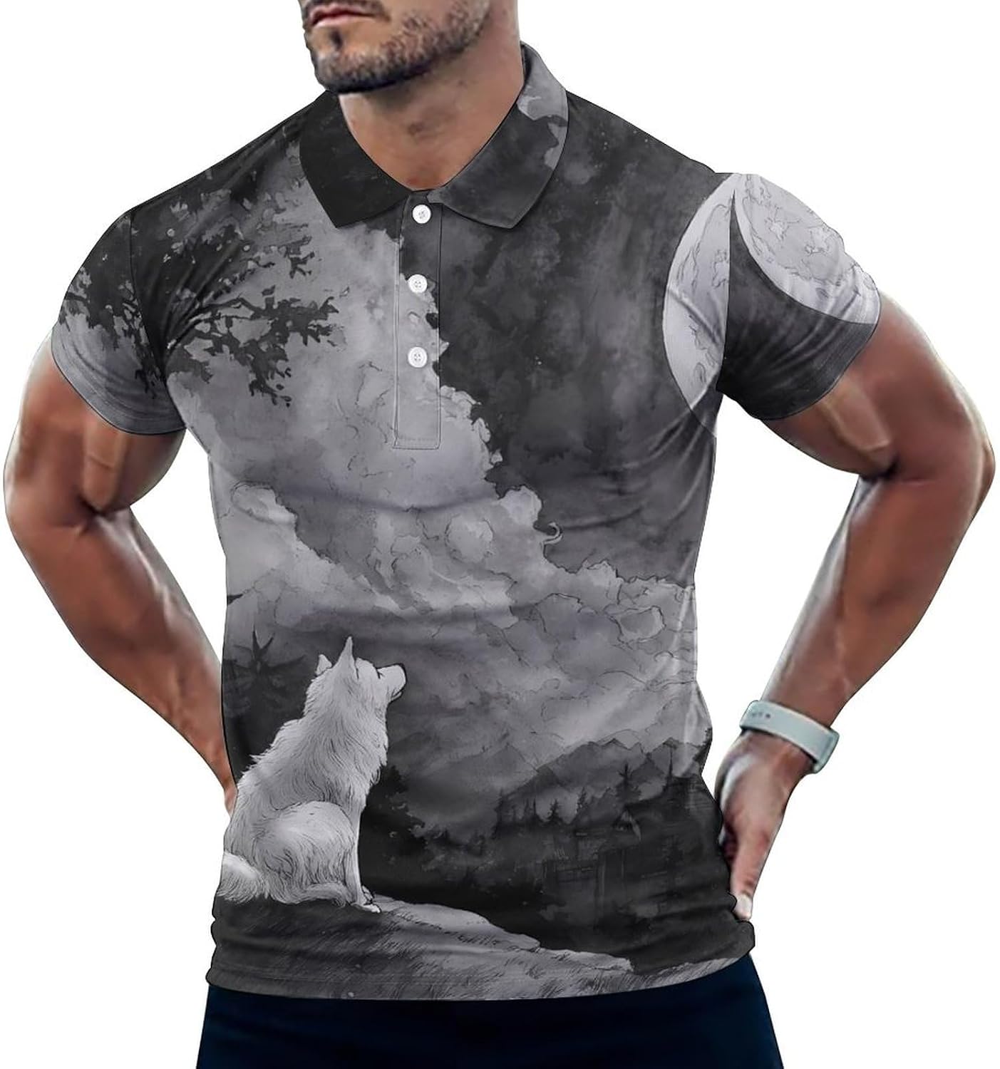 Wolf Ancient Castle Full Moon Golf Polo Shirts for Men Casual T Shirts 5X-Large