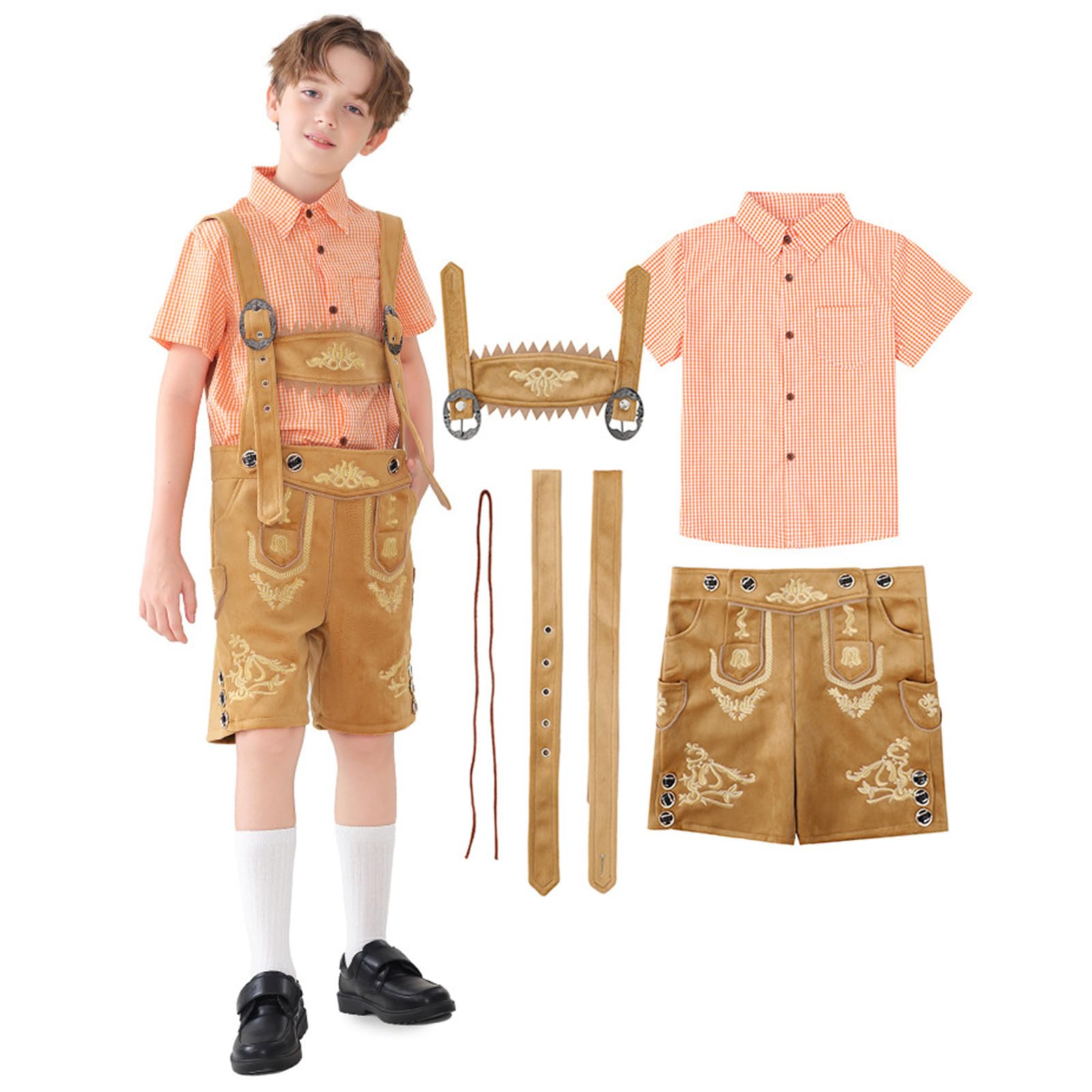 Trachtenset für Jungen, kurze Lederhose mit Träger + kariertes Kurzarm Hemd, Stickerei Lederhose, Oktoberfest Kostüm Set für Kinder Bierfest