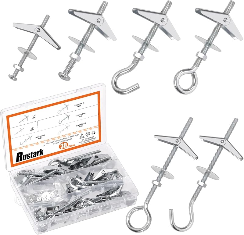 30Pcs M4 M6 Toggle Bolts Assortment Kit Toggle Anchors Spring Toggle Wing Bolts Heavy Duty Eye Bolt and Ceiling Hooks Butterfly Toggle Anchors for Drywall Hanging Plants
