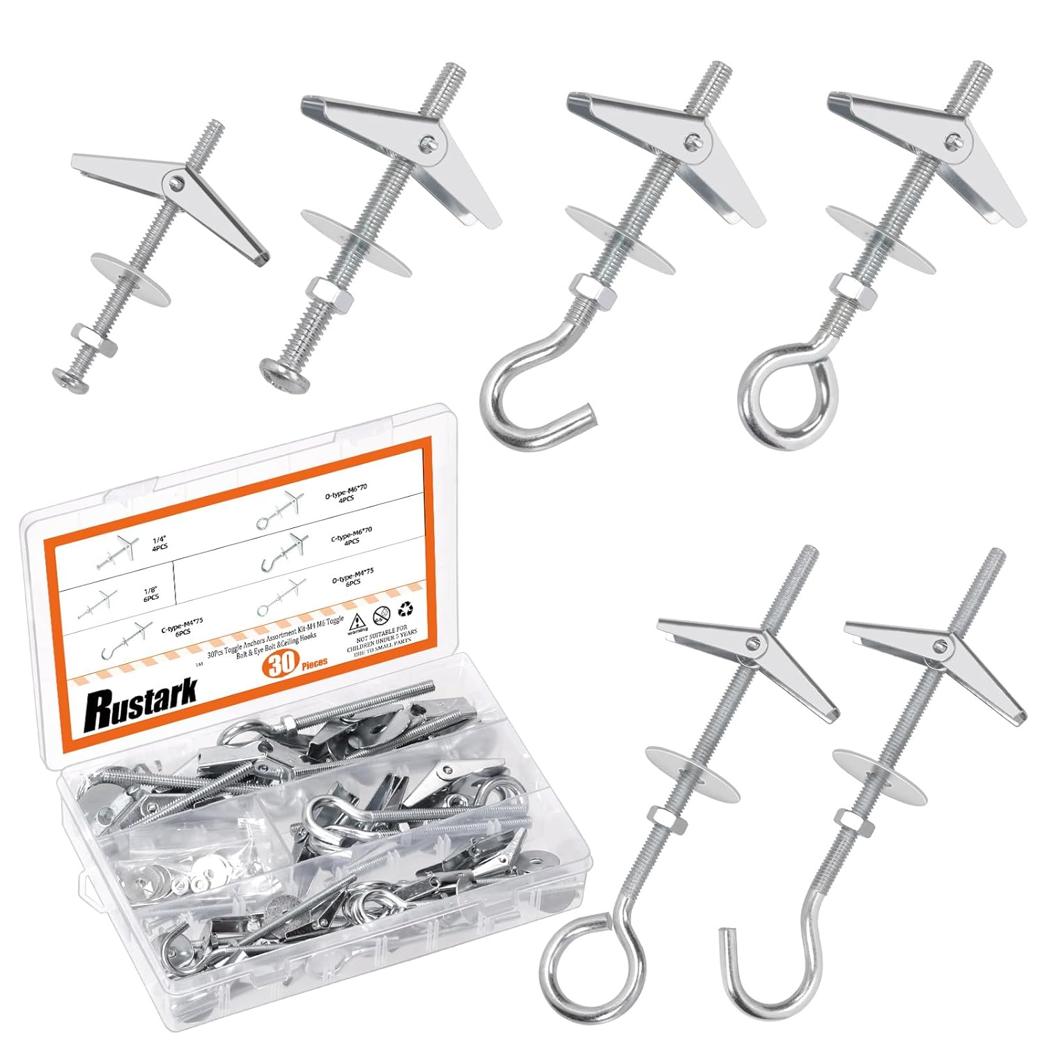 30Pcs M4 M6 Toggle Bolts Assortment Kit Toggle Anchors Spring Toggle Wing Bolts Heavy Duty Eye Bolt and Ceiling Hooks Butterfly Toggle Anchors for Drywall Hanging Plants