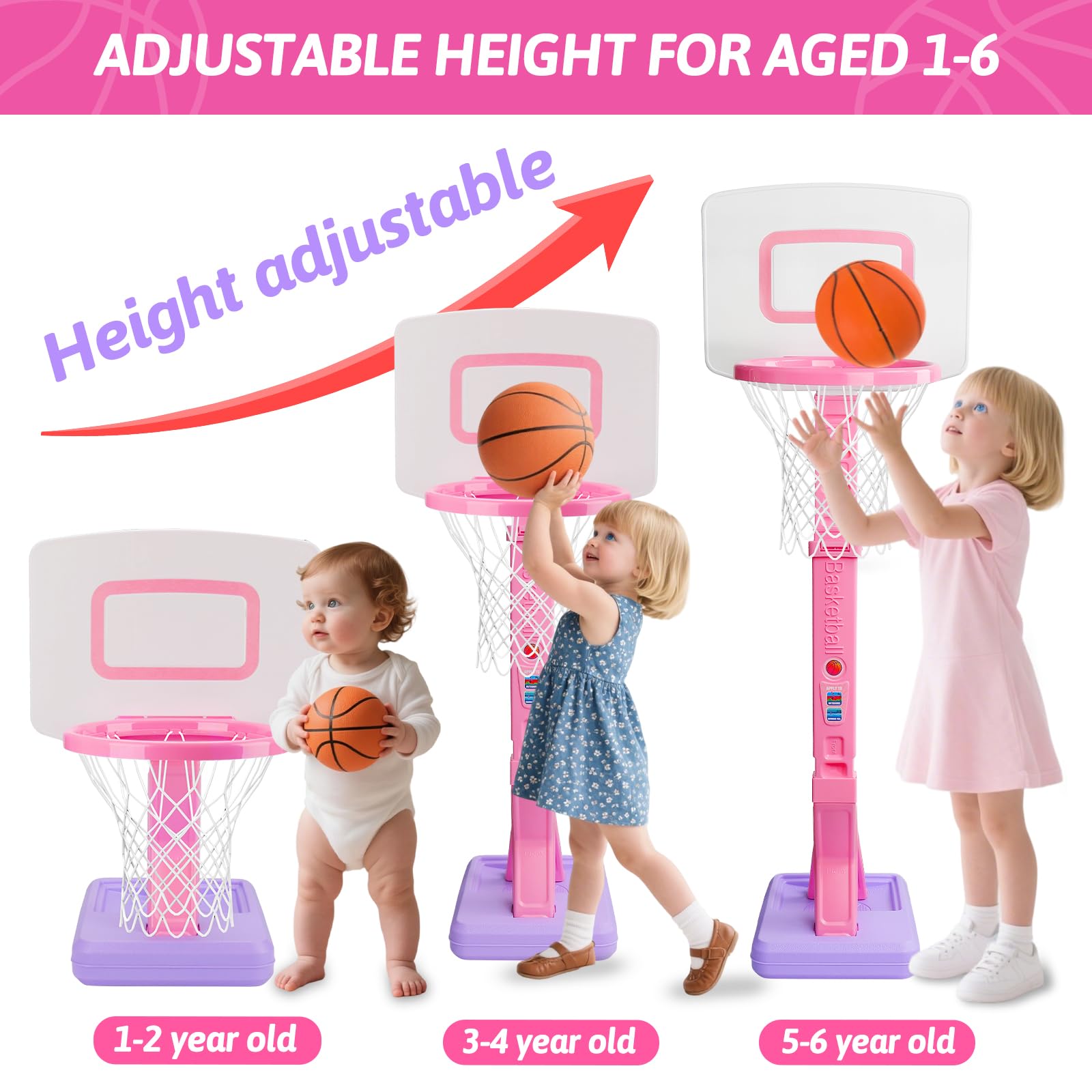Cesto de baloncesto para niños, juguete interior y exterior a partir de 2 3 4 años, cesto de baloncesto ajustable en altura 70-137cm con pelotas de baloncesto y bomba, juguete para niños, regalo para