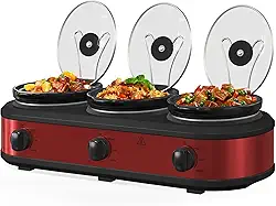 HEYNEMO Panela De Cozimento Lento Triplo, 3 X 1,5 Qt, Panela De Cozimento Dupla Portátil Pequena, Servidores E Aquecedores De Bufê, Laváveis Na Máquina De Lavar Louça, Panela De Cerâmica Removível,