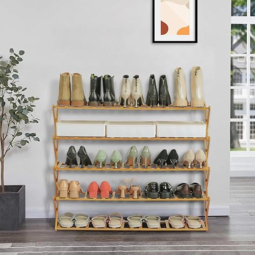 Miniatura 2 de Magshion Estante organizador de zapatos ancho de bambú de 5 niveles, estante de almacenamiento apilable sin necesidad de montaje para entrada,