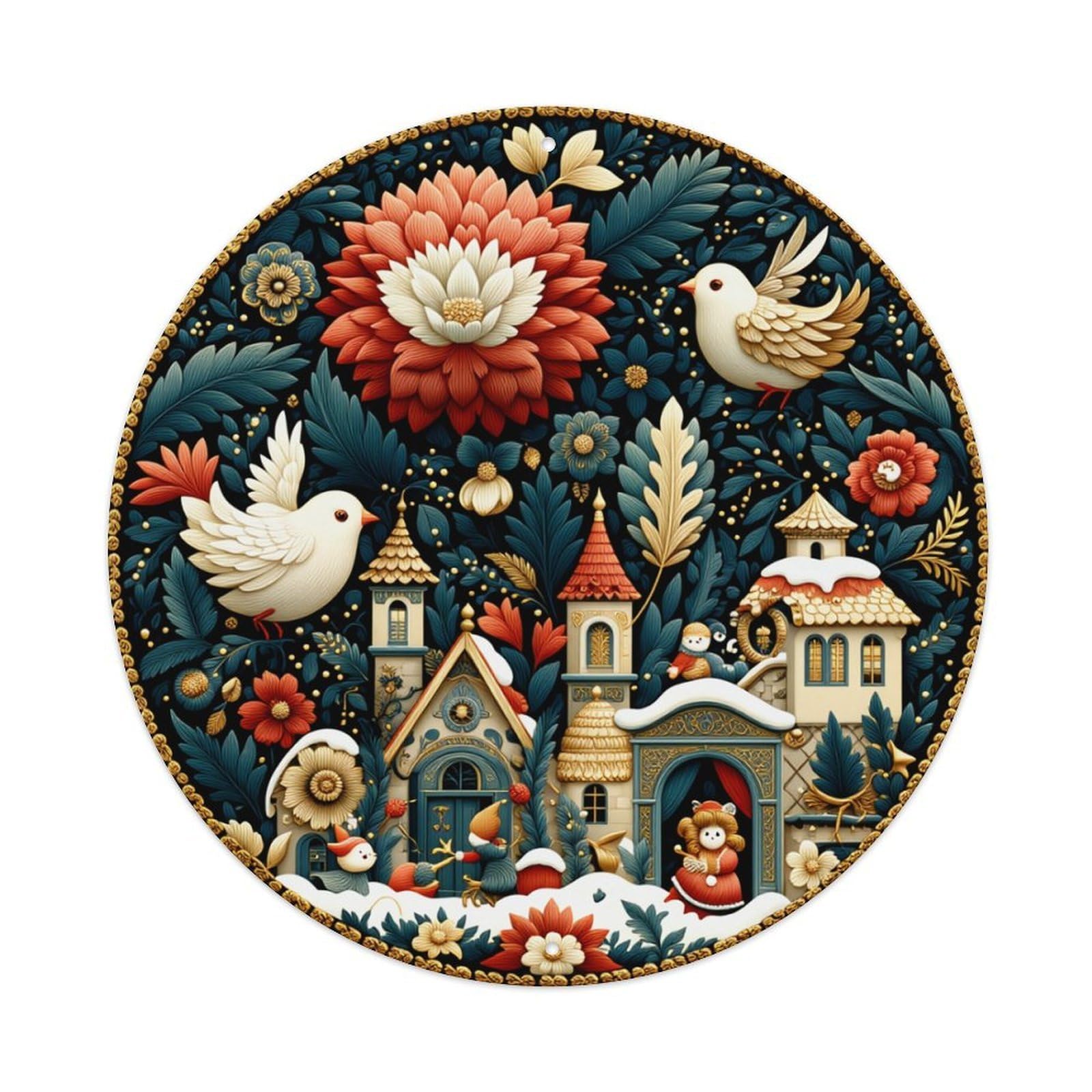 Floral Birds Houses Snow Winter Round Tin Sign Retro Metal Sign for Cafe Bar Pub Home Game Room Gym Club Wall Decoration Vintage Metal Poster 8x8 Inch