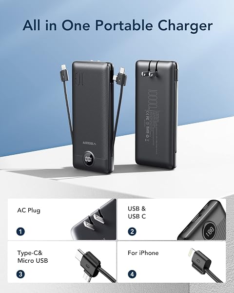 The VEGER 10000mAh power bank showcasing its integrated USB-C and Lightning cables, alongside its foldable wall plug.