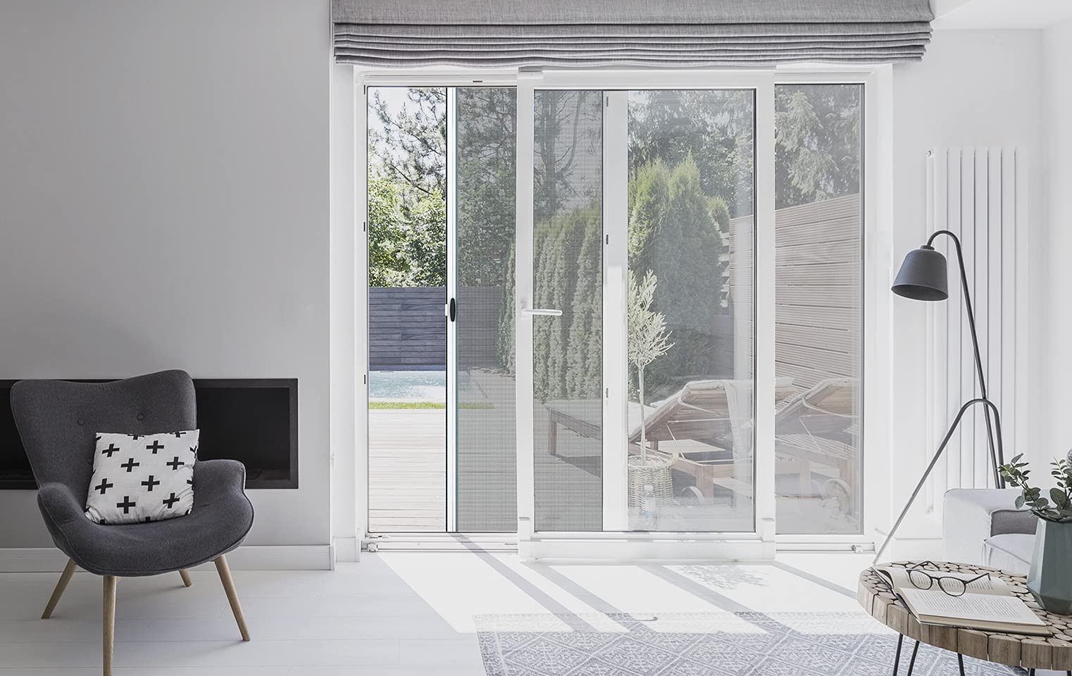 jarolift Zanzara Mosquitera 3 en 1 para puerta, mosquitera para puerta corredera con marco de aluminio, kit de montaje, acortable, 125 x 220 cm (ancho x alto), blanco