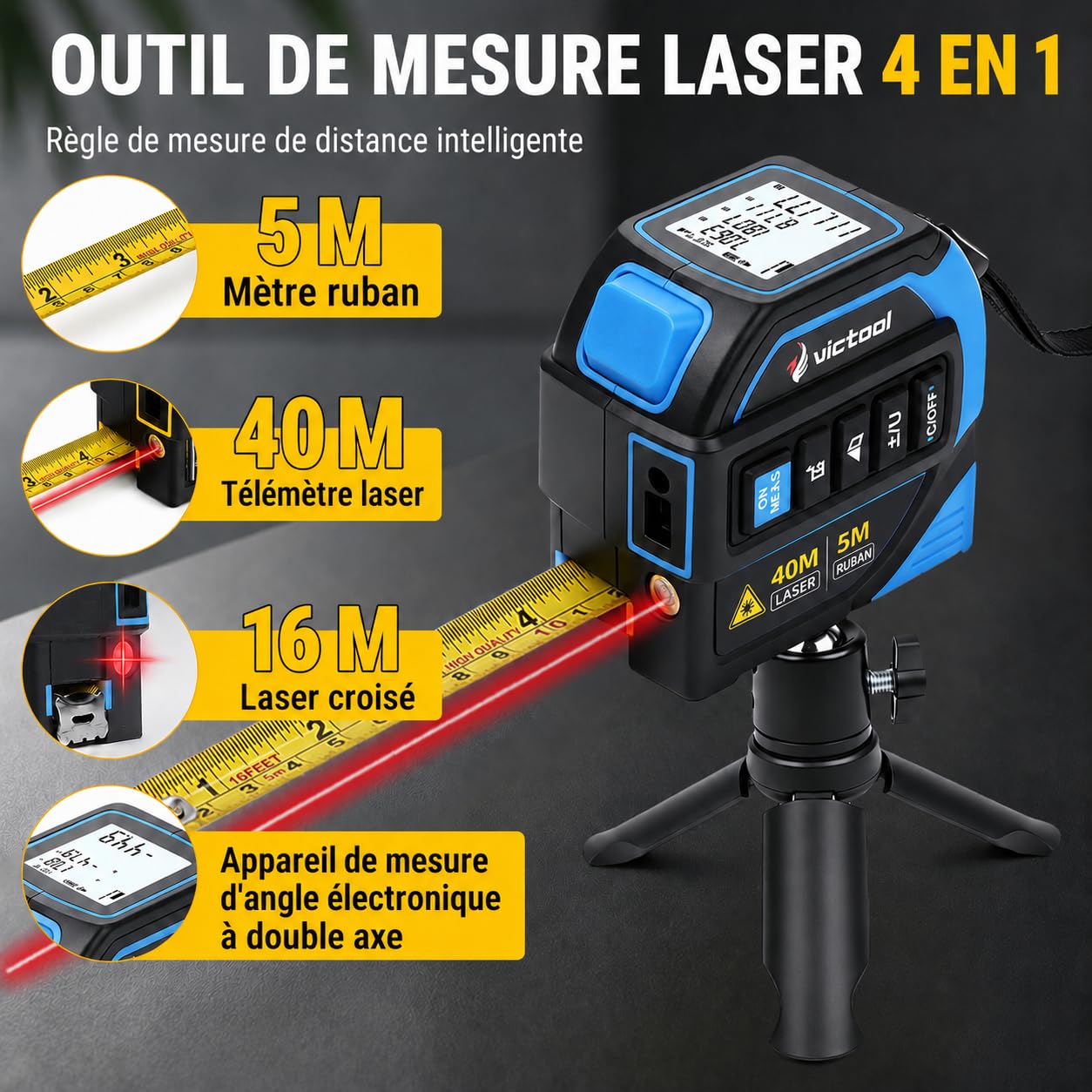 Ruban à Mesurer Laser 4 en 1, 40m Telemetre Laser + 5m Metre Ruban, 16m Ligne Croisée et Trépied, Grand Écran LCD (m/ft/in), pour Bricolage, BTP, Professionnels