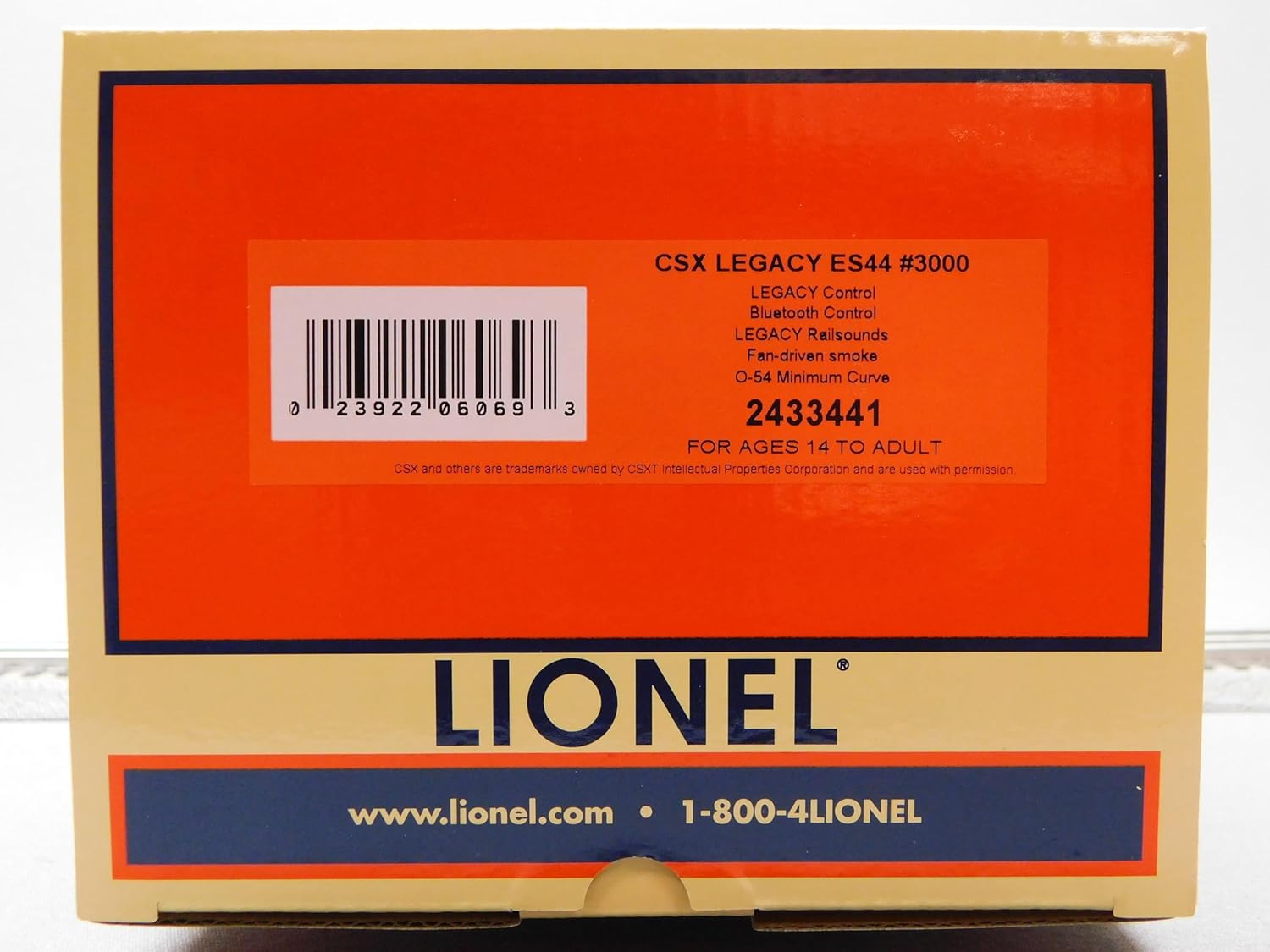 Product packaging for Lionel CSX Legacy ES44 locomotive showing UPC and features
