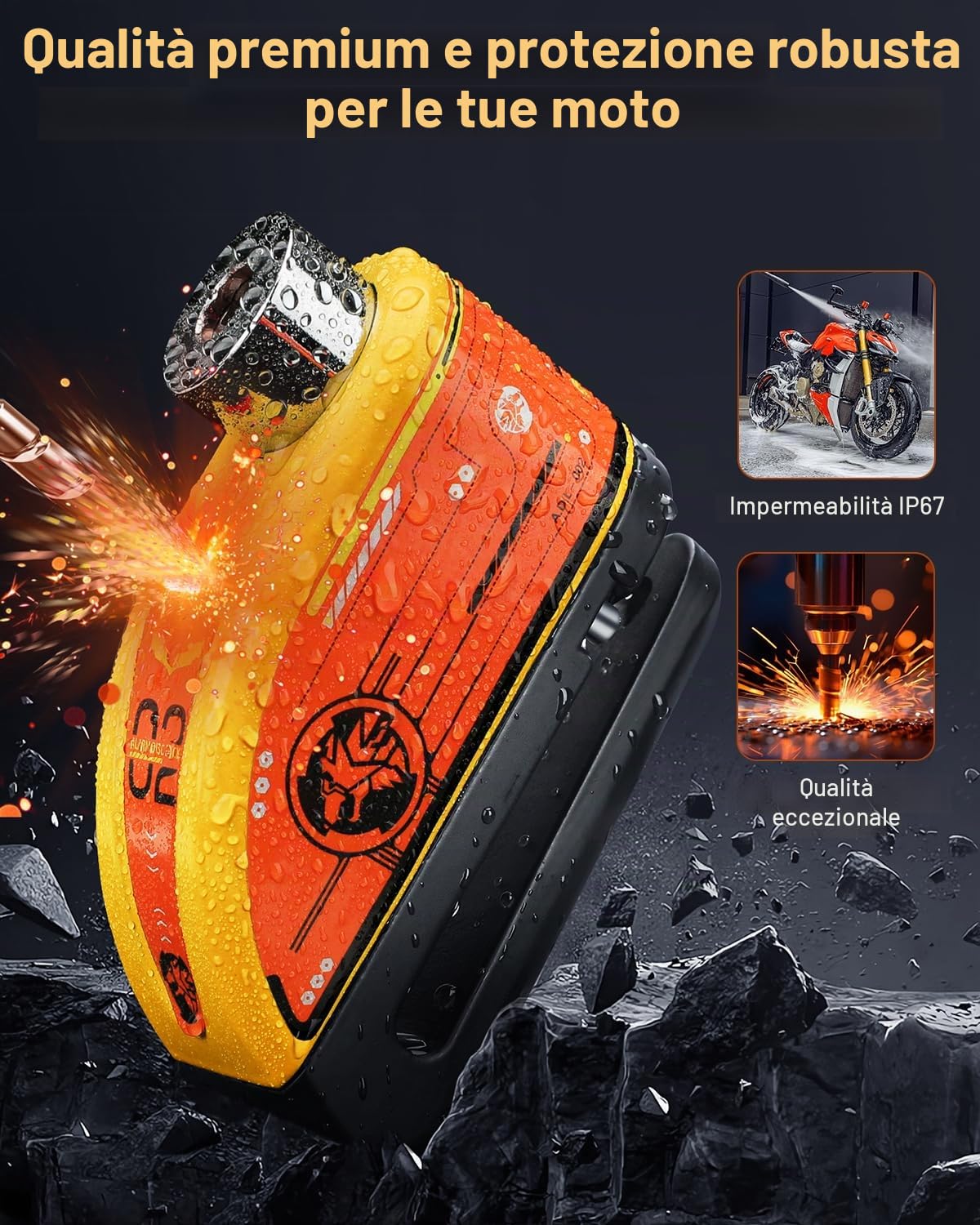 Bloccadisco con allarme per moto, ricaricabile, allarme antifurto 120 dB, resistente, con cavo promemoria da 1,8 m, per moto, bici, scooter, e-bike, giallo