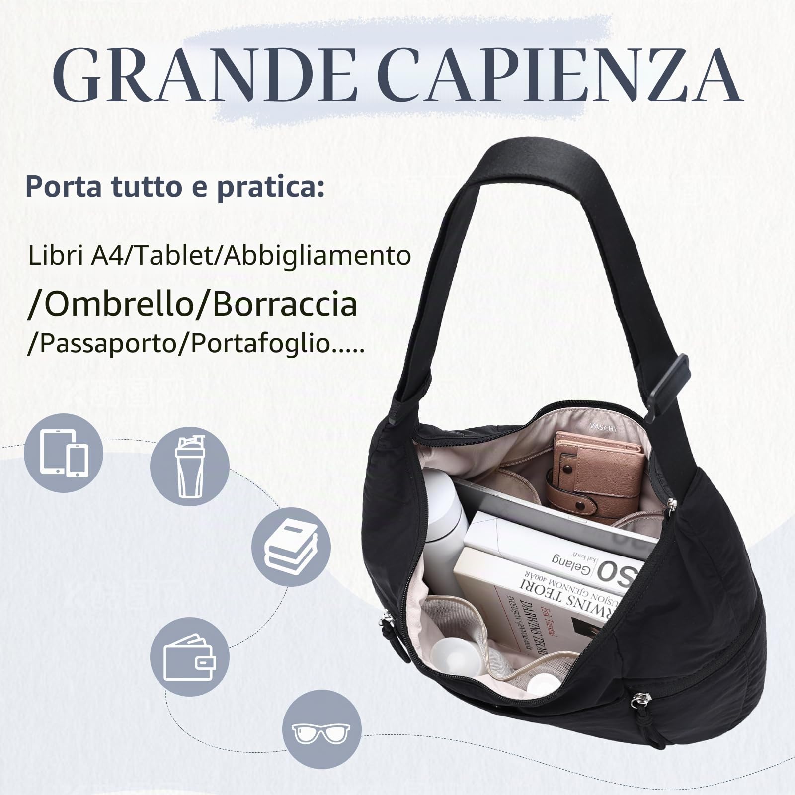 VASCHY Borsa Mezzaluna Donna Tracolla,Moon Bag Leggera in Nylon Marsupio Donna Tracolla Per Shopping/Viaggio/Lavoro/Mare