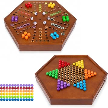Chinese Checkers & Marble Board Game 2-in-1 Double-Sided Wooden Board Game, 72 Acrylic Marbles, 7 Dice, Built-in Storage Drawer, Upgraded Wooden Construction for Adult Gatherings