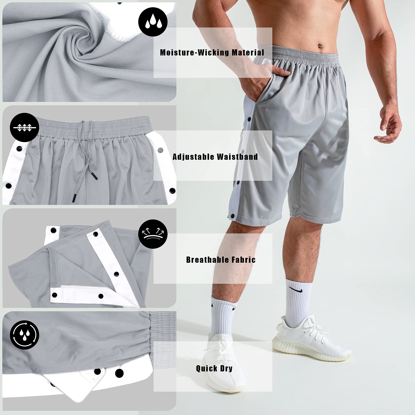 Męskie spodenki do koszykówki spodnie do odrywania sportowe trening bieganie spodnie dresowe na co dzień luźne joggery z kieszeniami, Szare szorty, 3XL