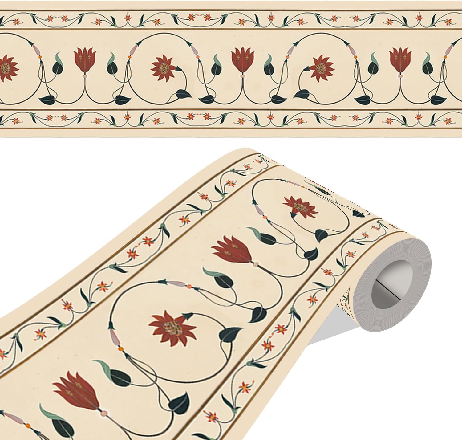 - ELTON Peel and Stick Wallpaper Border - Floral Stone Inlay Marble Pattern - Glossy Laminated Waterproof PVC - for Kitchen, Tile, Living Room Bathroom Decoration 3 Inch X 10 feet Set f 2(BDR9, 2)
