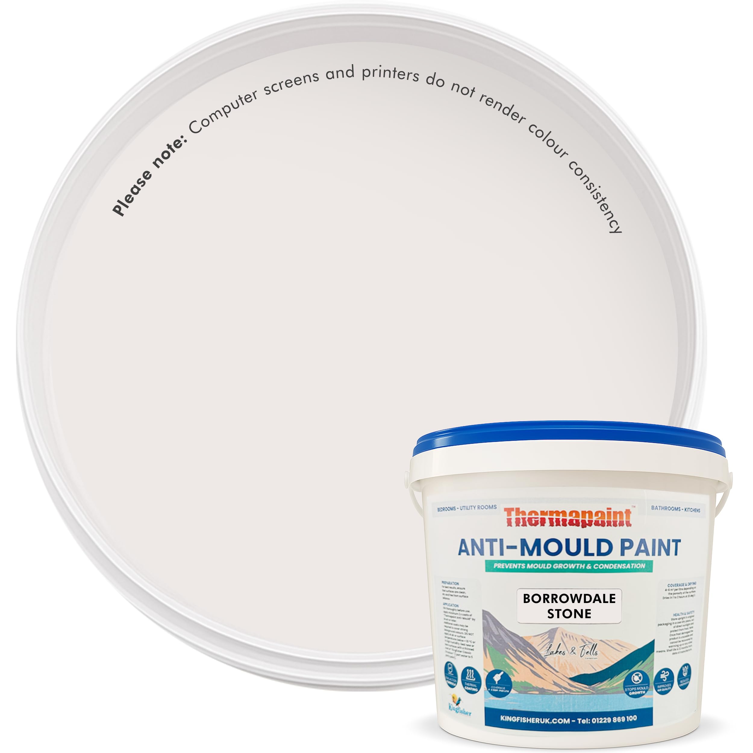 Kingfisher Thermapaint Anti Mould Paint with Active Fungicide 5L | Mould & Moisture Resistant Emulsion Wall Paint for Kitchens, Bathrooms & More | Waterproof & Washable | Borrowdale Stone