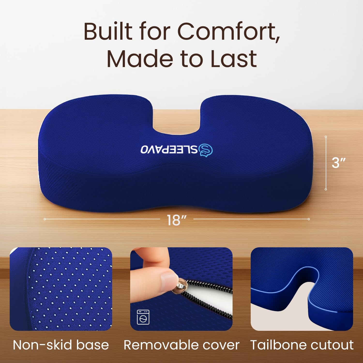 Sleepavo Cojín de asiento de espuma viscoelástica azul marino para silla de oficina, almohada para ciática, coxis, espalda, coxis y alivio del dolor de espalda baja, almohadilla ortopédica para silla