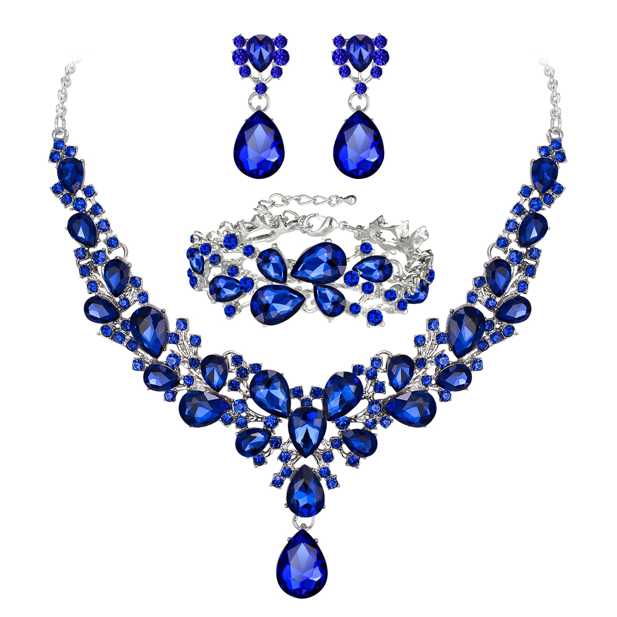 EVER FAITH Austrian Crystal Bridal Bridesmaid Jewelry Sets, Elegant Water Drop Flower Cluster Statement Chunky Necklace Earrings Bracelet Set for