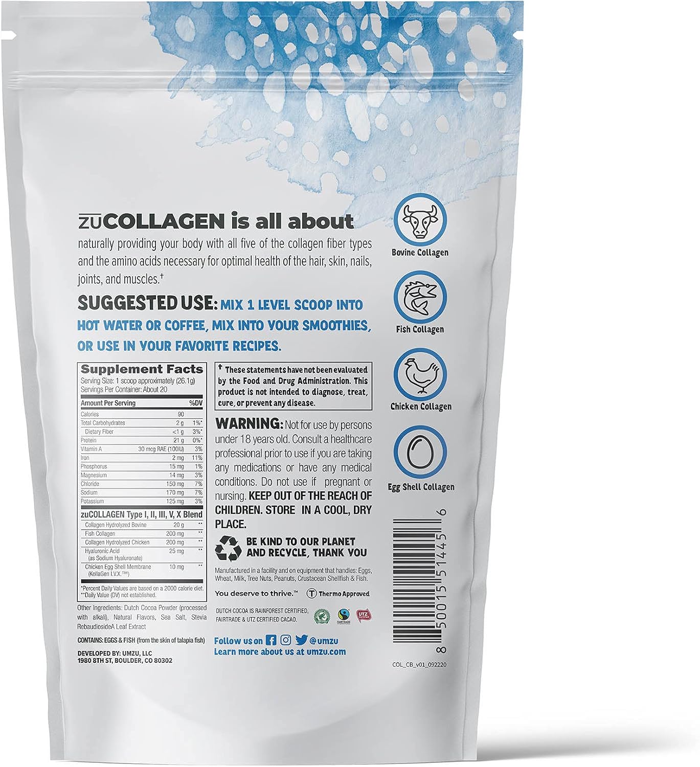 UMZU zuCollagen Protein - Multi Collagen, Support Skin, Hair, Joints, and Muscle Recovery - Chocolate Brownie Flavored, 90 Calories