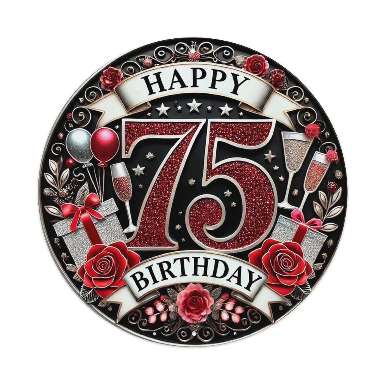 Happy Birthday 75th Celebration Design Retro Metal Sign Round Tin Sign, Vintage Decor Art Poster for Bar, Home, Man Cave, Kitchen, Laundry Room Gift 8x8Inch