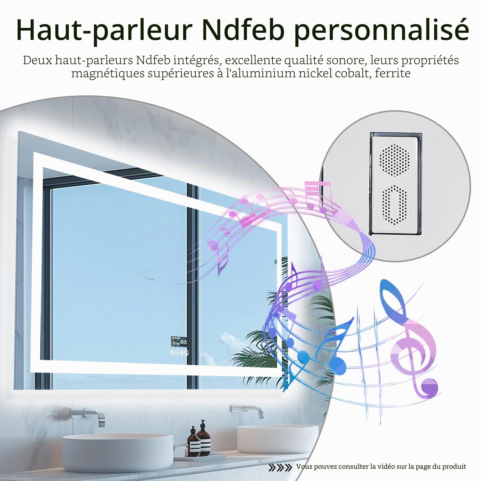 LUVODI Miroir Salle de Bain LED 120x60cm avec Bluetooth 5.2, Horloge, Éclairage Intégré, Rétroéclairage, 4 Boutons, Gradable, Connecté IP65, Mémoire Antibué