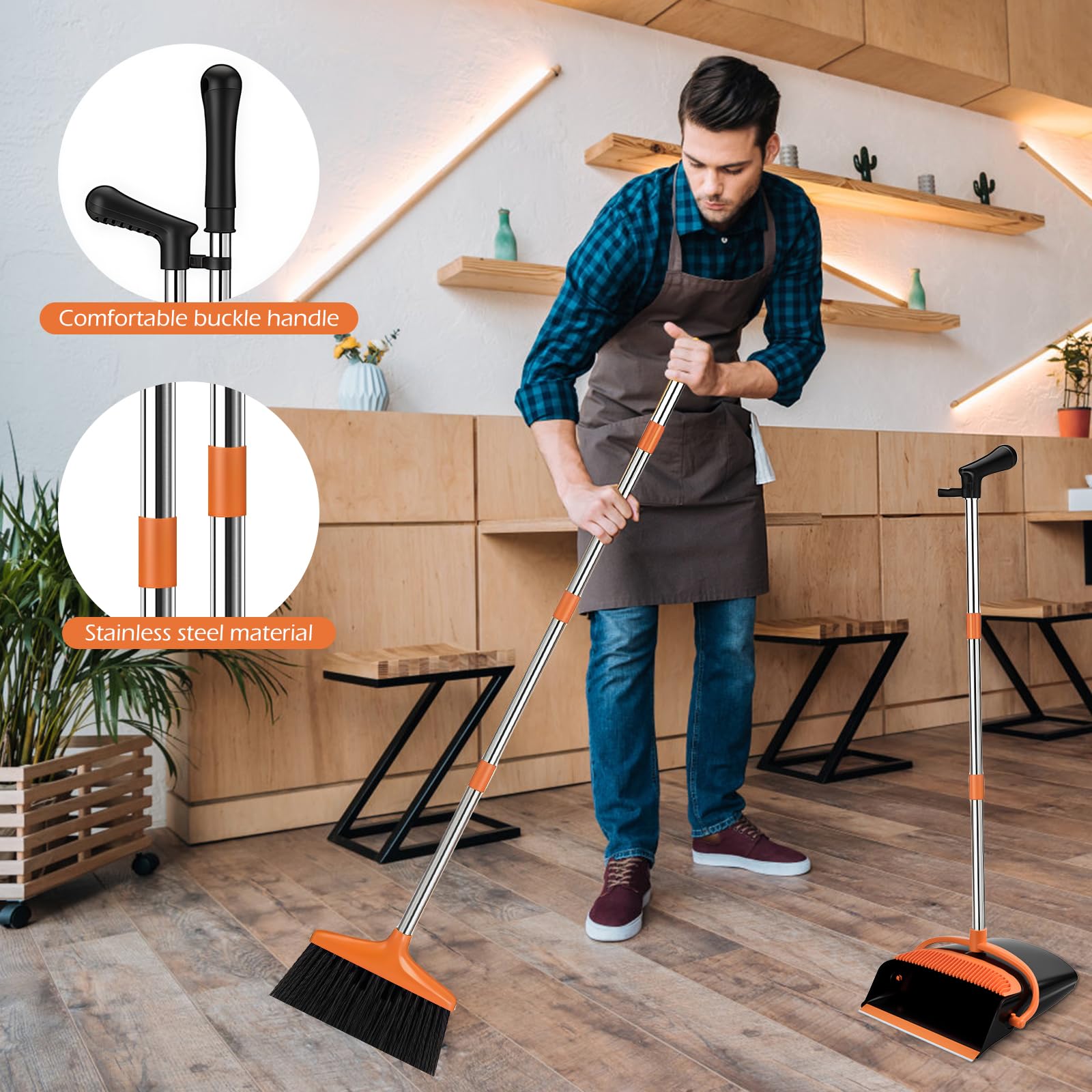 Escoba y Recogedor de Mango Largo 137 cm, Plegable, Combinados, Negro Naranja
