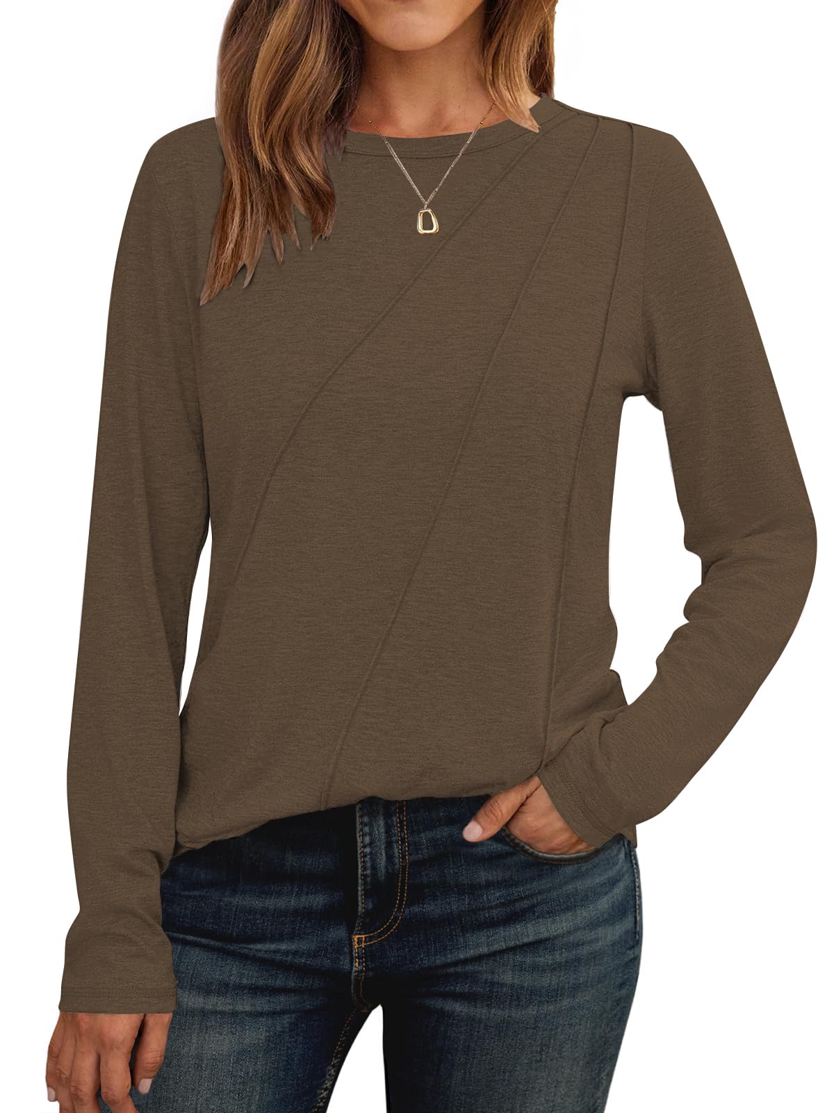 Cuptacc Langarmshirt Damen Rundhalsausschnitt Oberteile Mit Falten Lange Pullover Shirt Elegant Kaffee,Groß XXXL