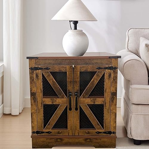 Mesa auxiliar de granja de 21.1 pulgadas con estación de carga y puerta de granero de malla, mesita de noche de madera rústica con estante de disponible en Yaxa Colombia