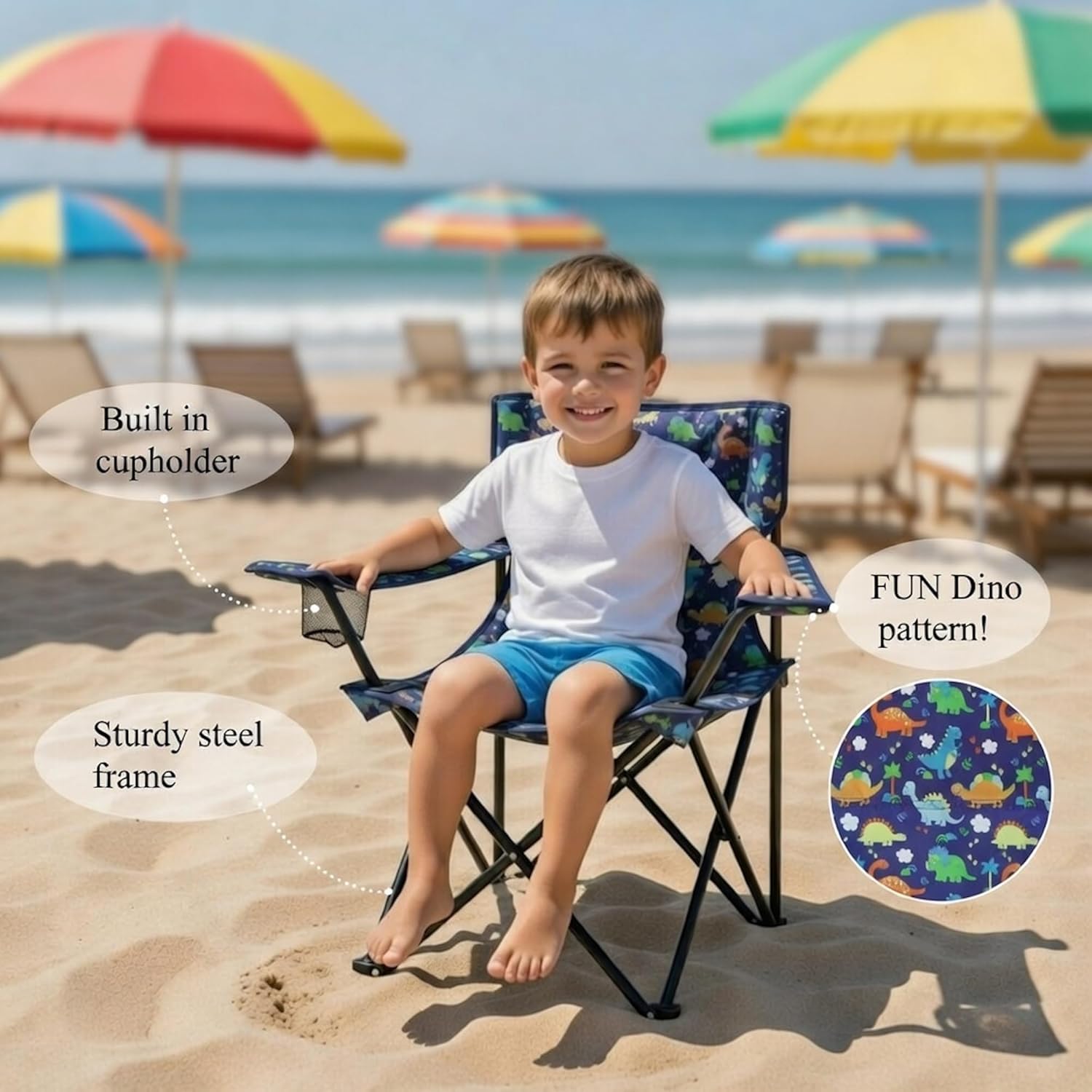 Emily Rose Playful Dinosaurs Kids Folding Camp Chair - Lightweight Portable Toddler Beach Chair Ages 2-7 with Safety Lock Cup Holder Carry Case 125 lb Capacity for Boys Girls Indoor Outdoor Adventures