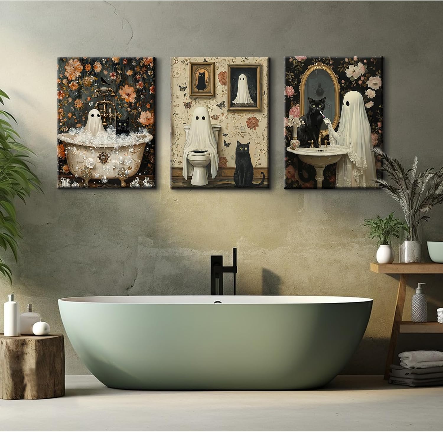 Halloween Gothic Wall Art Decor Bathroom Goth Funny Canvas Poster Dark Academia Wall Decor Horror Ghost Pictures Spooky Witchy Prints Cute Black Cat Paintings for Bathroom 12x16x3 Inch Wrapped Canvas image 5