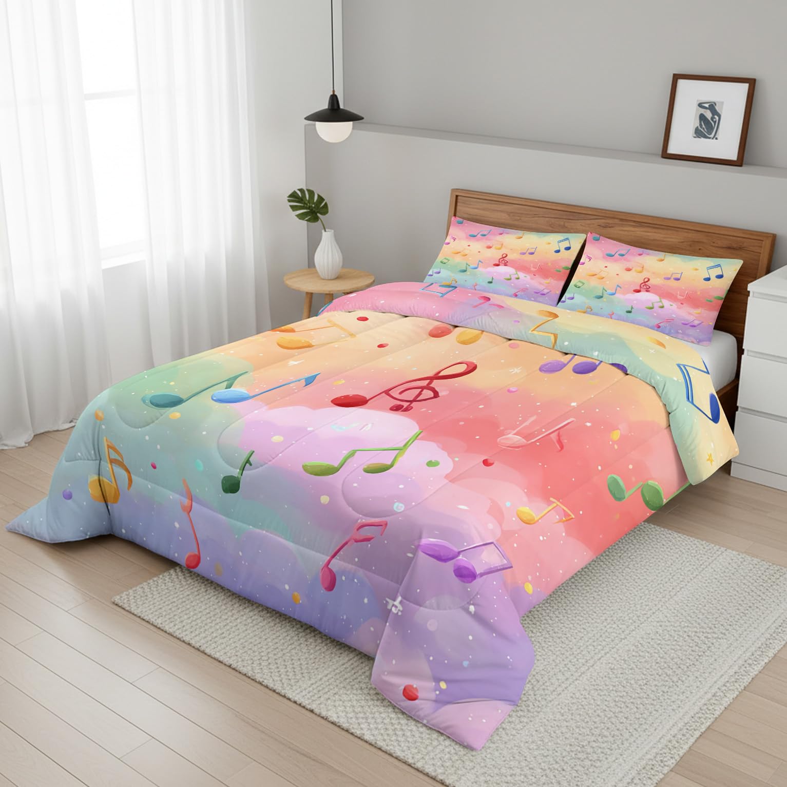 Musik Bettdecke 135x200 4 Jahreszeiten, Bunte Musiknoten Bettdecke Ohne Bezug Warm Steppdecke Ganzjahresdecke Mit Kissenbezug, Schlafzimmer Deko Musik