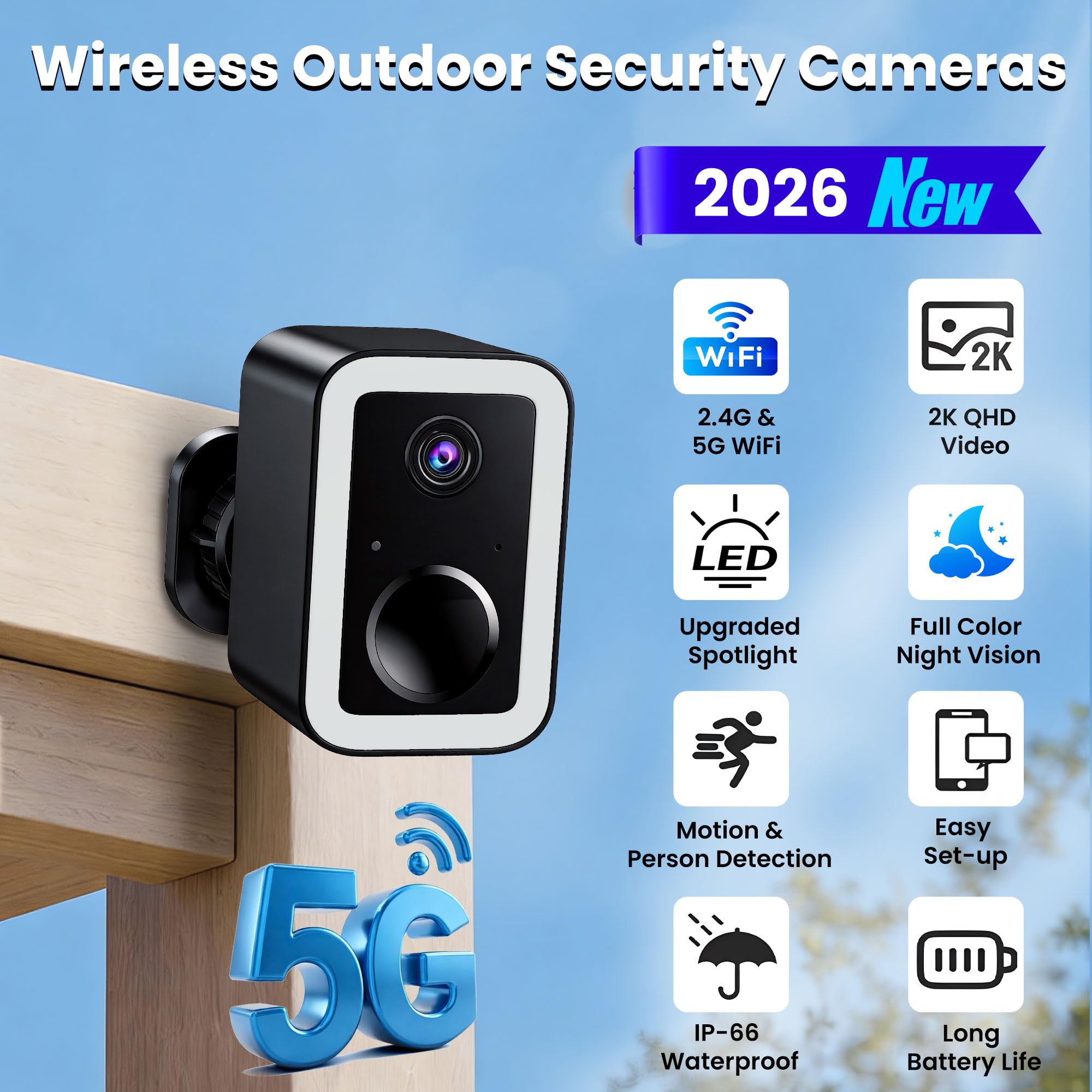 2026 Upgraded 2K Security Cameras Wireless Outdoor, AI Motion Detection & Spotlight Siren Alarm, Outside Battery Powered Camera for Home Security, Full-Color Night Vision, Support WiFi 5G & 2.4G — view 7