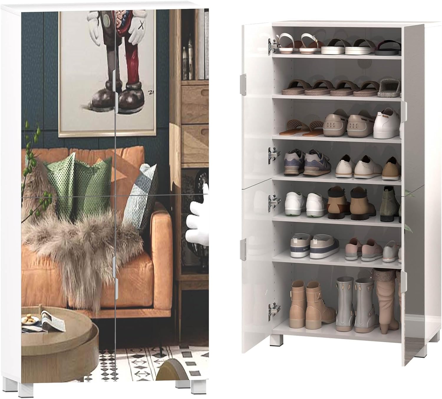 50" Tall Shoe Cabinet with 4 Mirror Doors, Entryway Storage Organizer, Holds 24-32 Pairs (Size 15), Adjustable Shelves, Vented Back, Dust-Proof Engineered Wood Closet for Hallway/Apartment, (Black)