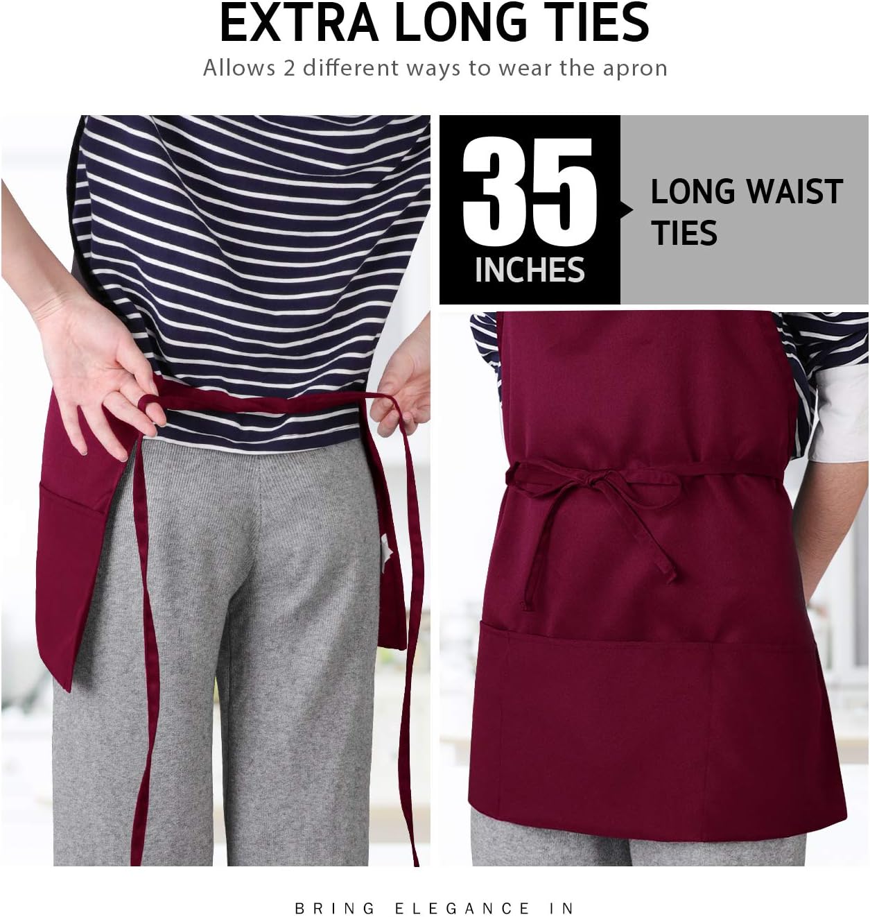 Syntus 2 Pack 3 Pockets Adjustable Bib Apron Thicker Version Waterproof with Extra Long Ties Cooking Kitchen Aprons for BBQ Drawing, Women Men,Chef, Wine Red