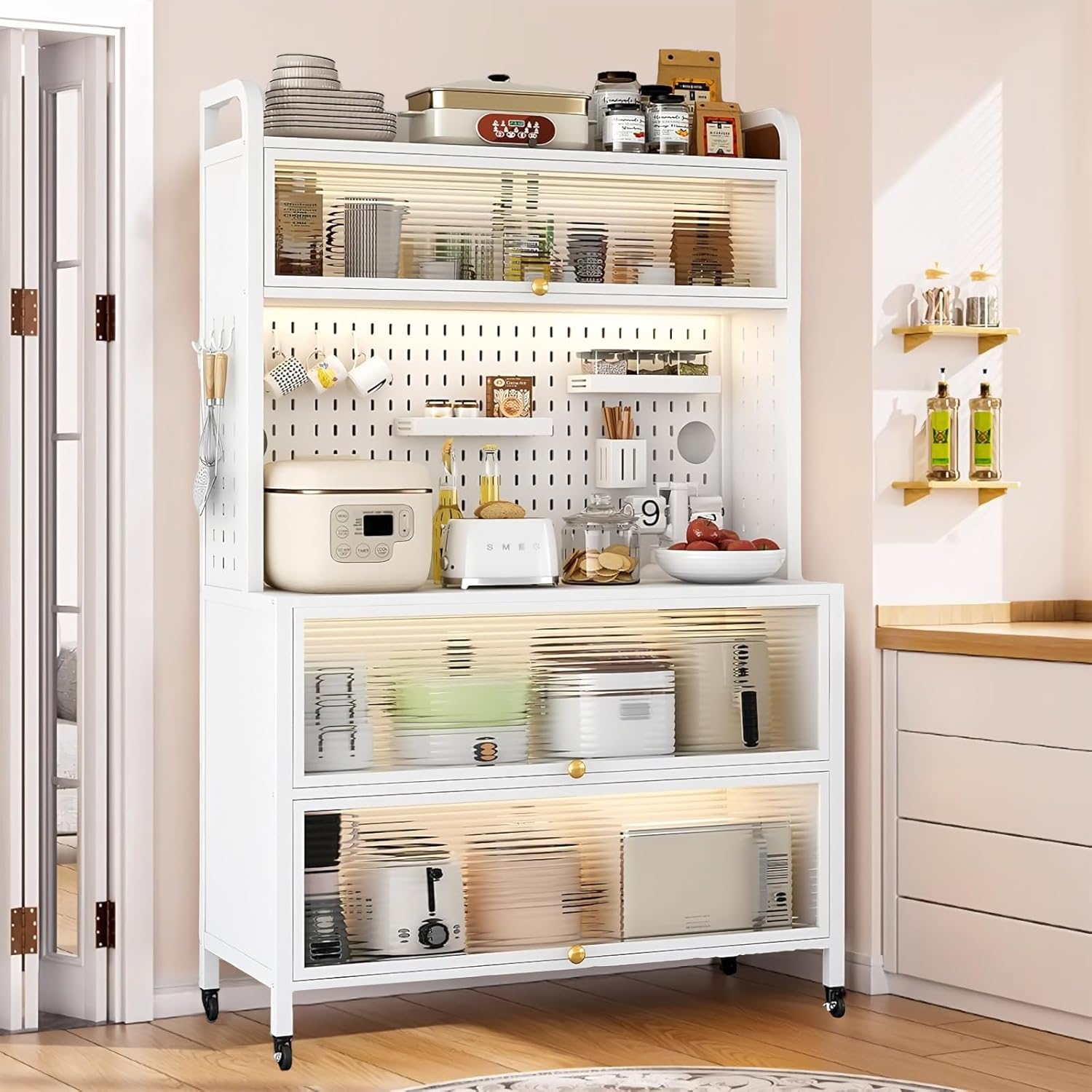 63" Bakers Racks - 5-Tier Kitchen Sideboard with Hooks and Chopstick Holder - Microwave Stand Tall Countertop Cabinet with Adjustable Shelves - Multi-Functional Cabinet For Cookware, Spice. (1)