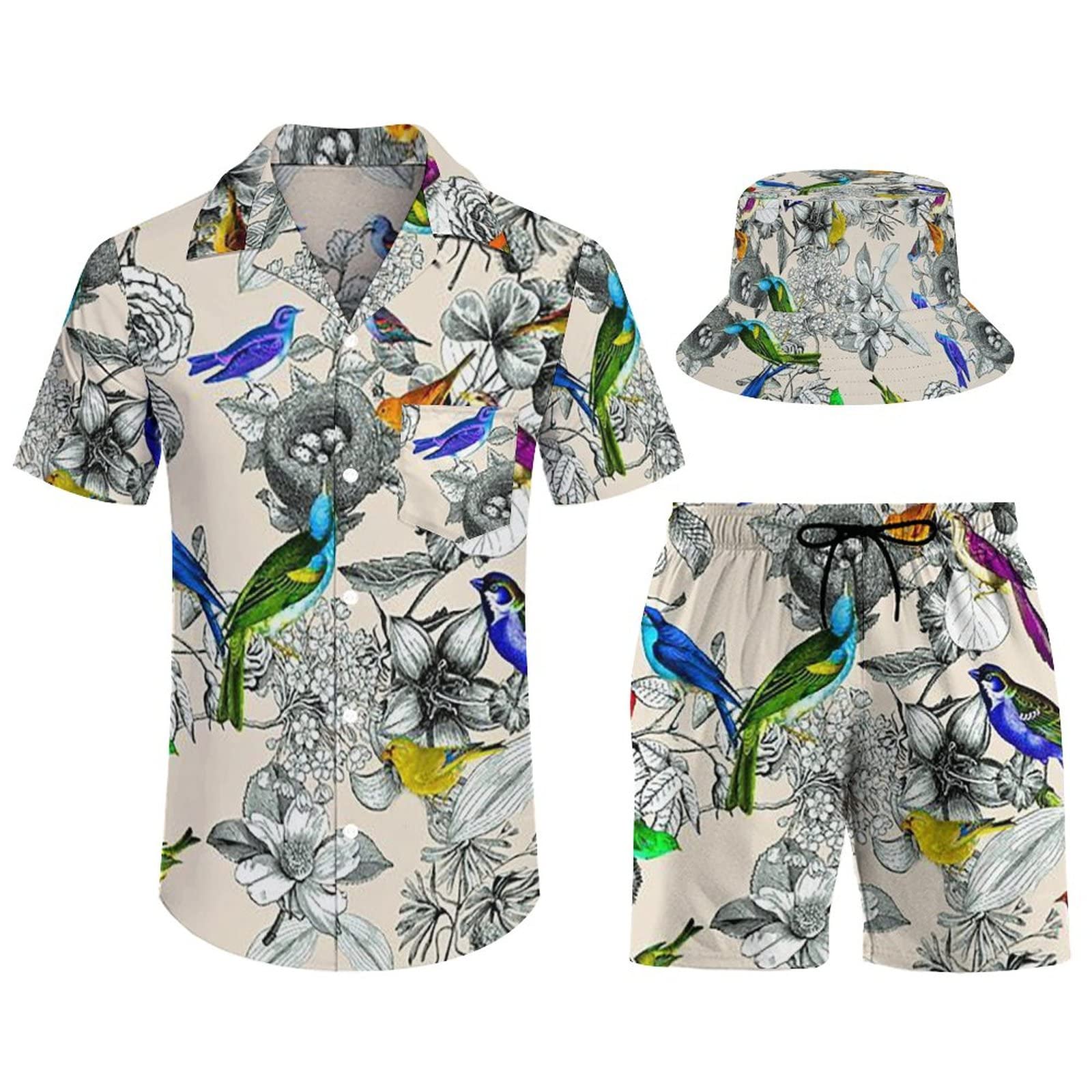 3 Piece Men's Hawaiian Tropical Outfit Shirt, Shorts and Bucket Hat