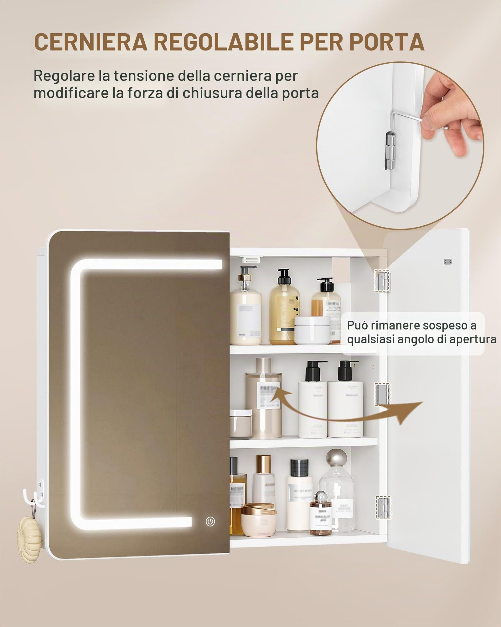 Hzuaneri Specchio Bagno Contenitore, due ante, 16,5 x 70 x 60 cm, Bianco | Mobile Bagno con Illuminazione a LED, 3 Temperature Colore Dimmerabili, Ripiano Regolabile, MC30203XEU