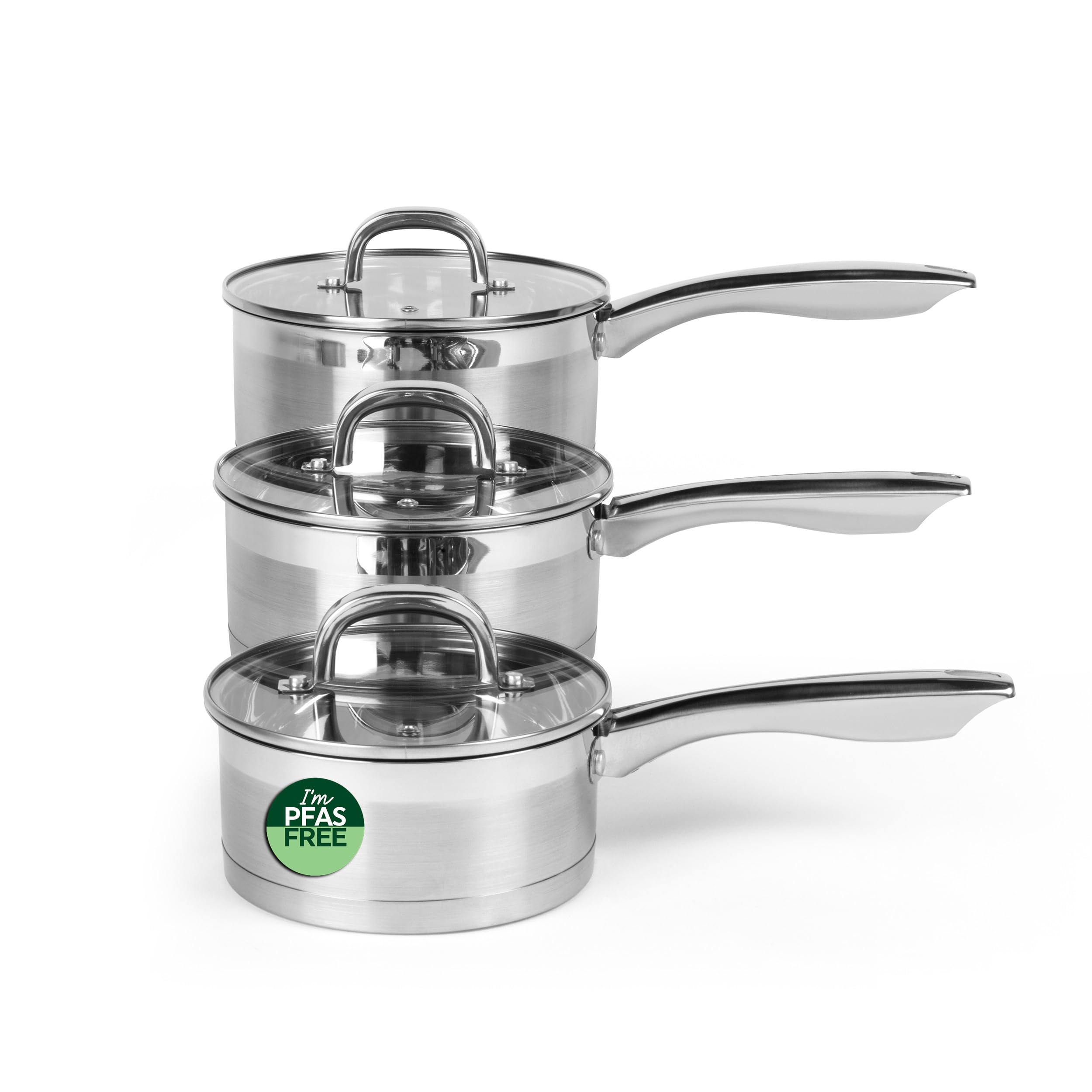 Salter Timeless 3 Piece Saucepan Set - 16cm, 18cm, 20cm Stainless Steel Pans, Includes Tempered Glass Lids with Steam Vents, Induction Hob Cooking Pans, Dishwasher Safe, Scratch Resistant Finish — image 1