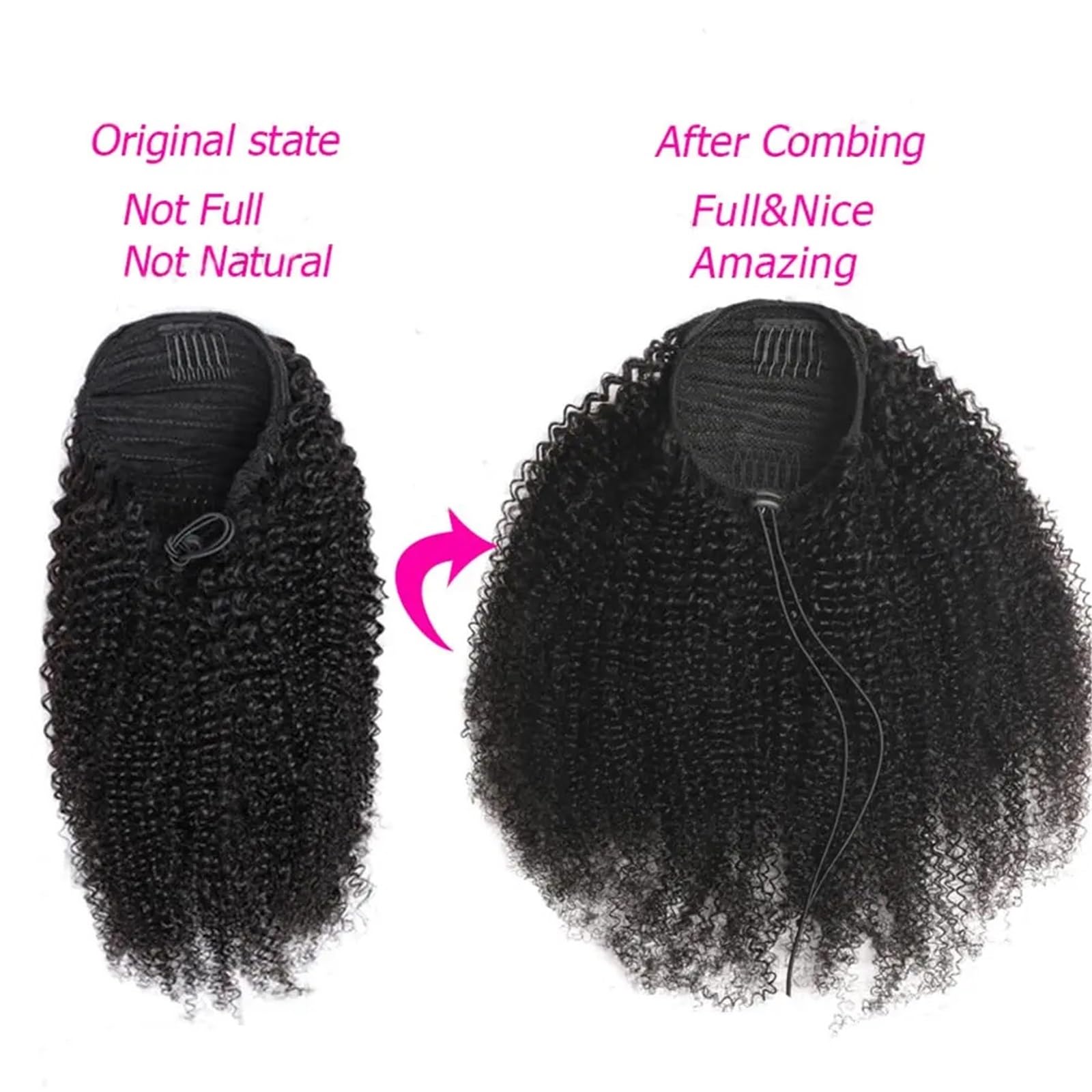 Postiche Queue de cheval crépue bouclée en cheveux humains Remy, queue avec cordon serrage for femmes, noir naturel Naturel(20inches)