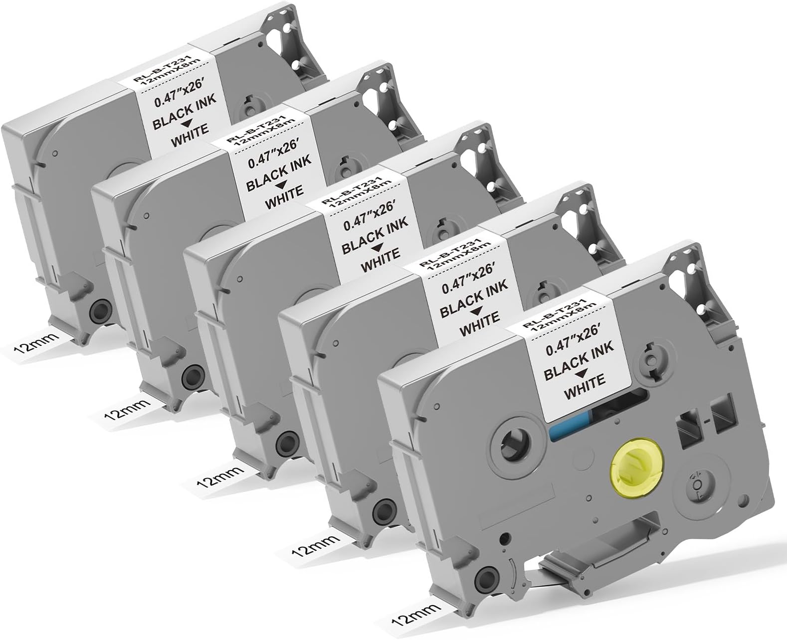 5pack 12mm 0.47 TZe TZ Tape Laminated White Label Maker Tape Replacement for Brother P Touch Label Tape TZe-231 TZe231 Compatible with Brother PT-D210 PT-D220 PT-H110 PT-D410 PT-P710BT