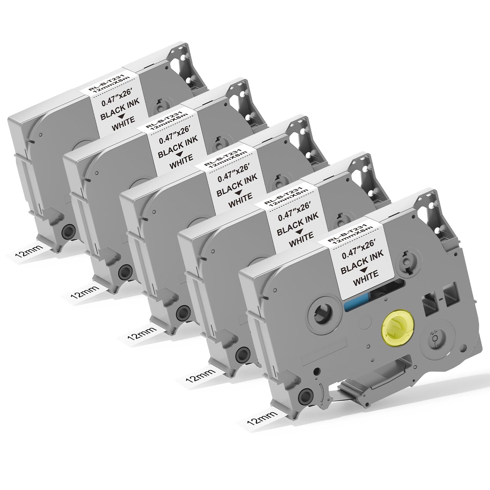 5pack 12mm 0.47 TZe TZ Tape Laminated White Label Maker Tape Replacement for Brother P Touch Label Tape TZe-231 TZe231 Compatible with Brother PT-D210 PT-D220 PT-H110 PT-D410 PT-P710BT