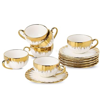 LETAOTAO Espresso Cups and Saucers, Porcelain Coffee Cup and Saucer Set with Gold Trim, 2.5 oz Demitasse Cup with Handle for Single Espresso, Latte, Set of 6 White