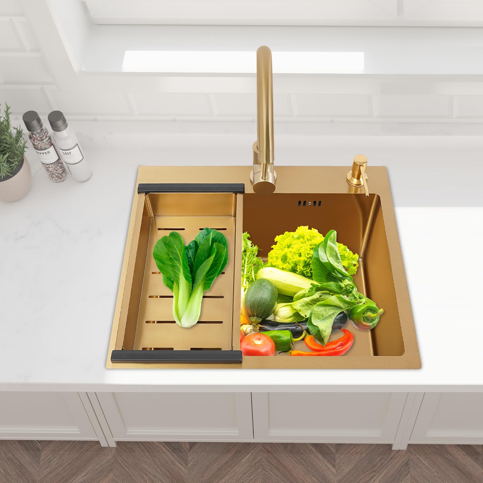 Fregadero de acero inoxidable dorado, lavabo rectangular con escurridor, dispensador de jabón y grifo, para cocinas, restaurantes, cafeterías, bares, hoteles, 50 x 45 x 22 cm