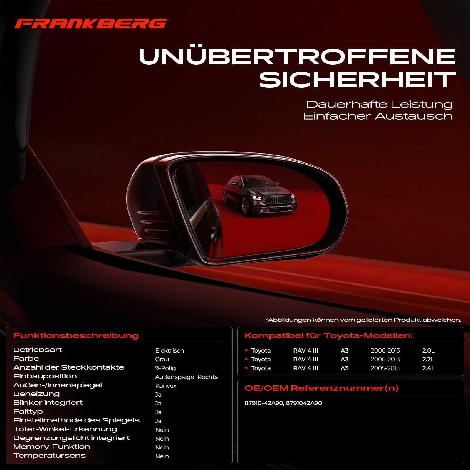 Frankberg Außenspiegel Rechts Konvex Beheizbar Elektronisch einklappbar 9-polig Kompatibel mit RAV 4 III A3 Replace# 8791042A90