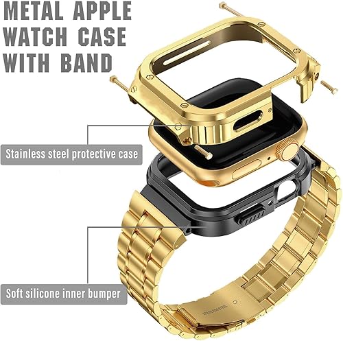 Miniatura 5 de MioHHR Stainless Steel Watch Band with Case Compatible with Apple Watch Ultra321 Series 11 10 9 8 7 6 5 4 3 2 1 SE321, Metal Strap with Protective