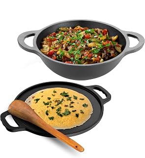 Lifelong Cast Iron Dosa Tawa & Kadai with Wooden Spatula for Dosa,Uttapam & Chapati 30 cm Tawa & 24 cm Kadhai Pre Seasoned,Non-Stick & Teflon Free Gas & Induction Stove-Friendly,2 Count,Black