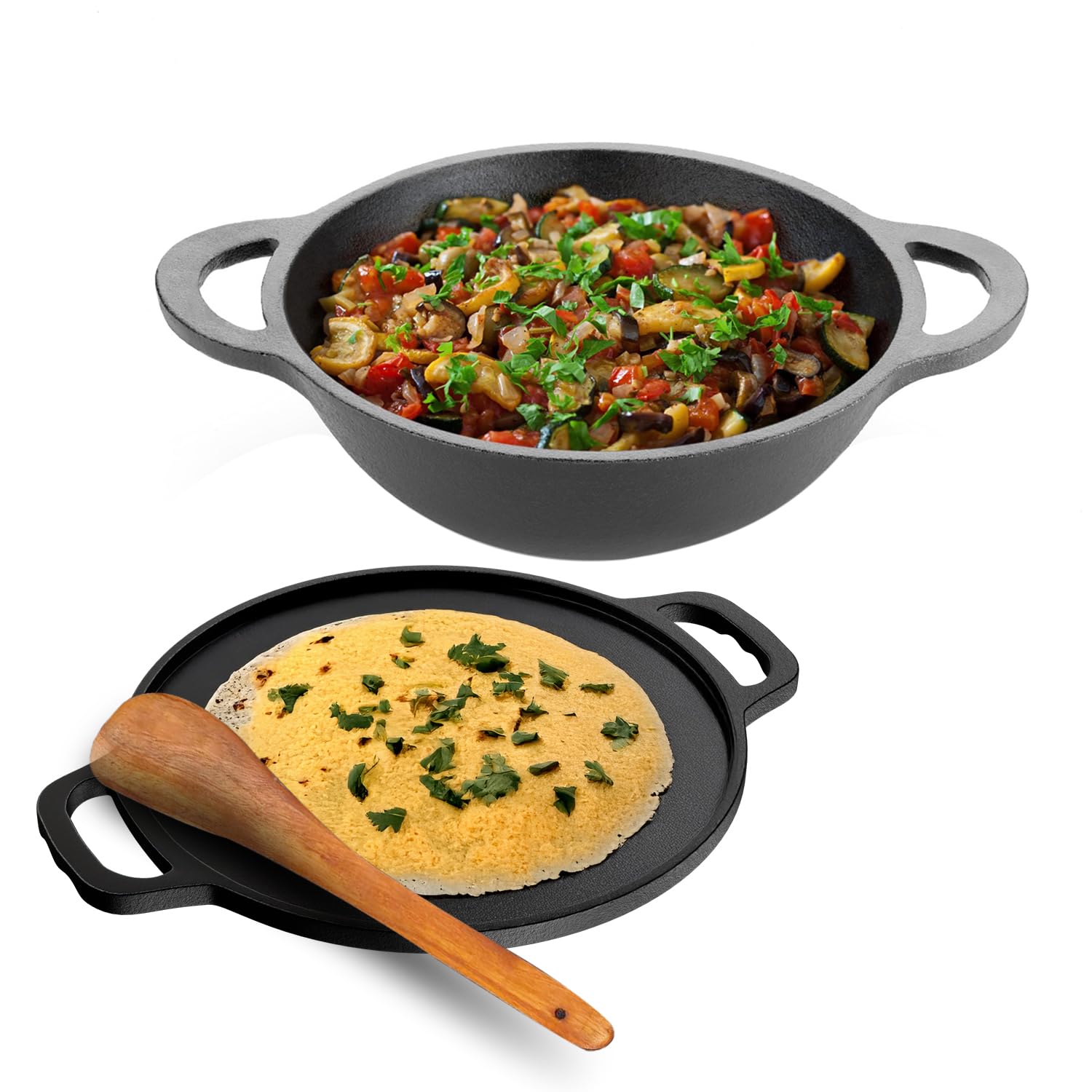 Lifelong Cast Iron Dosa Tawa & Kadai with Wooden Spatula for Dosa, Uttapam & Chapati | 30 cm Tawa & 24 cm Kadhai | Pre Seasoned, Non-Toxic, Non-Stick & Teflon Free | Gas & Induction Stove-Friendly-image-13
