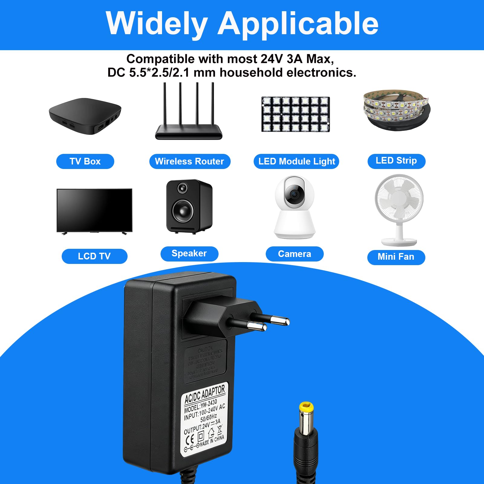 24V 3A Netzteil 72W Adapter, Steckernetzteil AC 100-240V auf DC 24V, LED Trafo Transformator mit 5.5x2.5mm Ausgang EU Stecker für LED Streifen, COB Strips, CCTV Kameras, Router, Schwarz