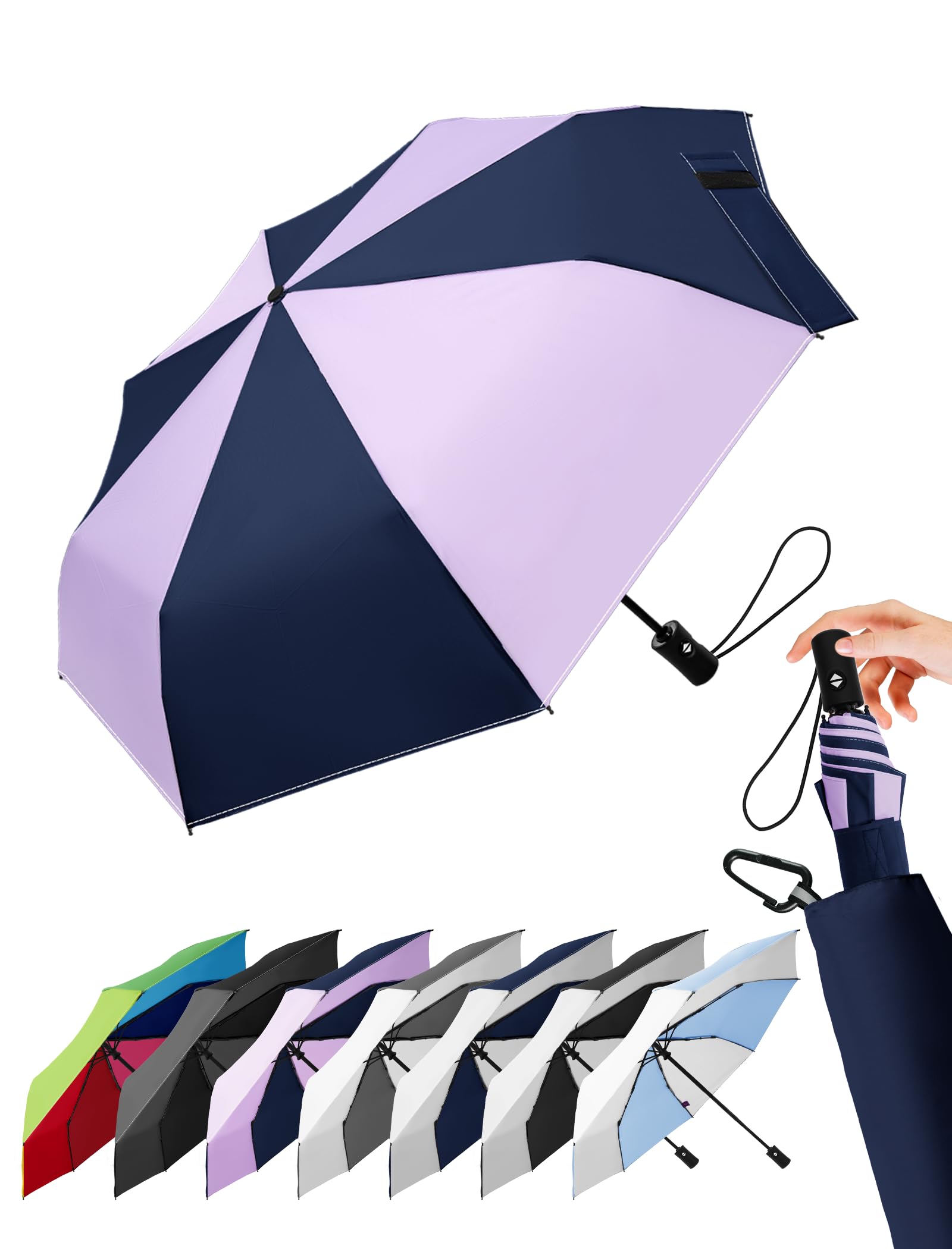 LILAC Regenschirm Klein Stabil Windfest, 110cm Taschenschirm Auf-Zu-Automatik, Kompakter Reiseschirm mit Klettverschluss & Karabiner, Leicht Faltschirm für Damen Herren