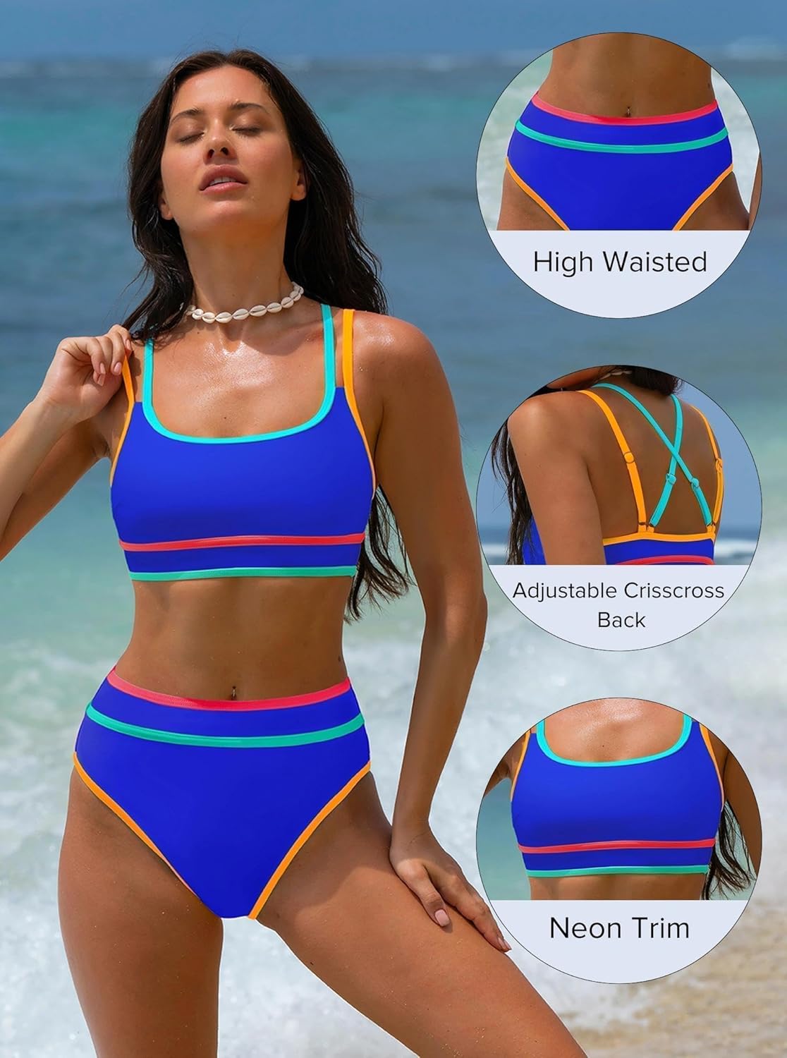 popvil Women's High Waisted Bikini Sets Neon Two Piece 2026 Swimsuit Sporty Adjustable Straps Bathing Suit - Image 6