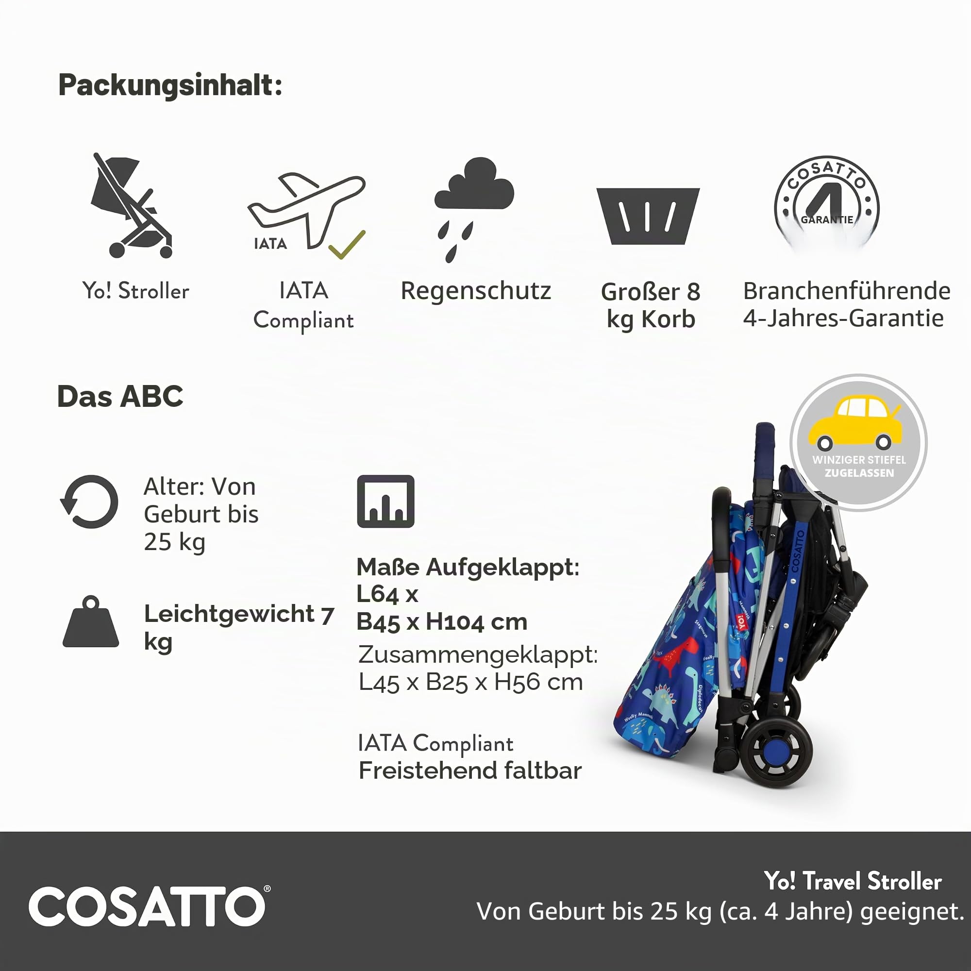 Cosatto Yo Reisebuggy leichter Baby-Kinderwagen kompaktem Faltmaß ab Geburt bis 25kg airline-kompatibel Einhandfalten 8kg Einkaufskorb Beep Beep