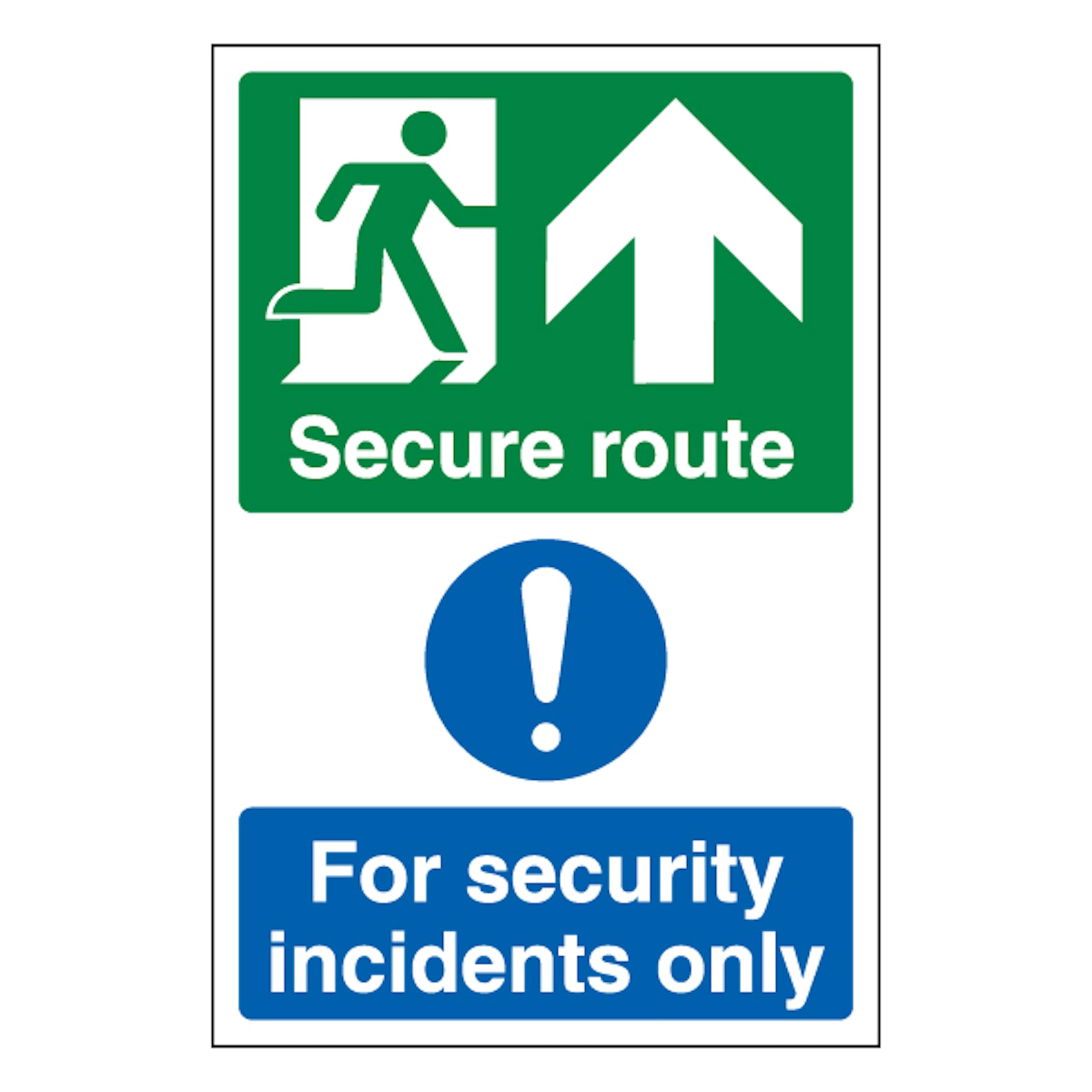 V Safety Secure Route Arrow Up/Security Incidents Only - Portrait 200 x 300 mm - 2mm Super-Tough Rigid Plastic Safety Sign